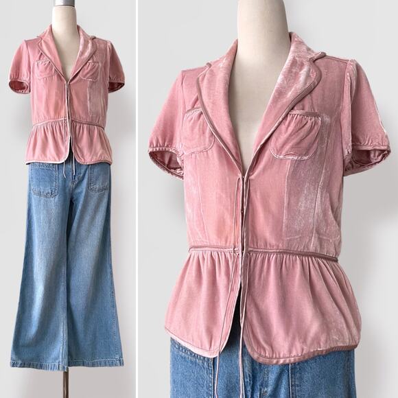 Y2K Silk Velvet Peplum Top Banana Republic 12 Pink Coquette Puff Short Sleeves - Picture 1 of 7